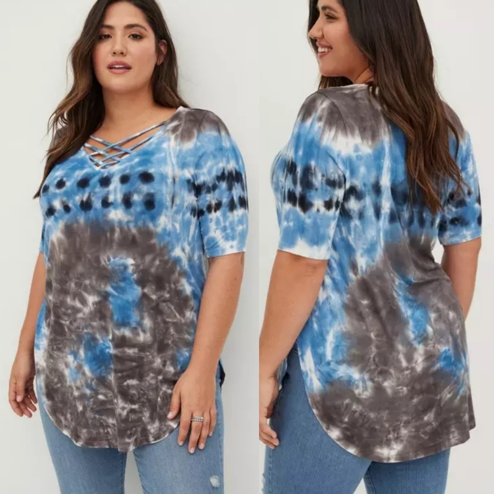 torrid Blue and Gray Tie-Dye Crisscross V-Neck Top